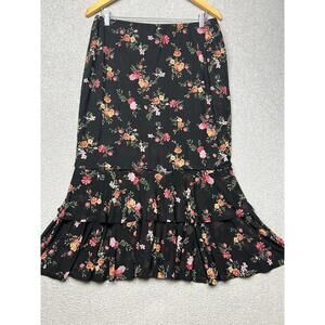 Luna Sheer Floral Tiered Ruffle Flare Midi Skirt L Boho Cottagecore Y2K Romantic